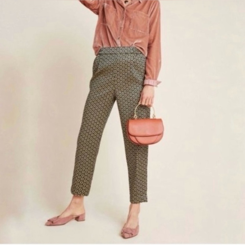Anthro Gold & Nlack Metallic Print Larking Jacquard Tapered Trousser Pants